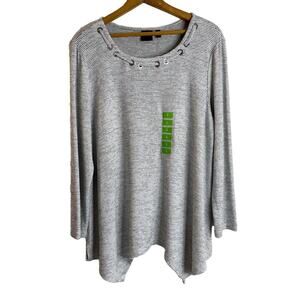 Rafaella Women's Tunic Sweater Sz L Striped Gray & White Asymmetric Grommet Neck